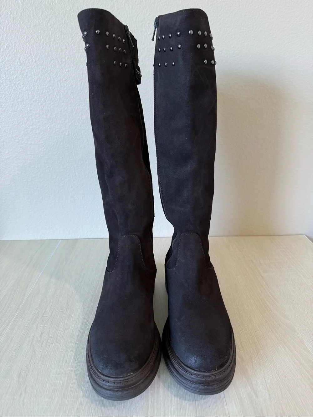Emanuele Crasto Italy Brown Suede Studded Knee High Boots Women’s EU 38